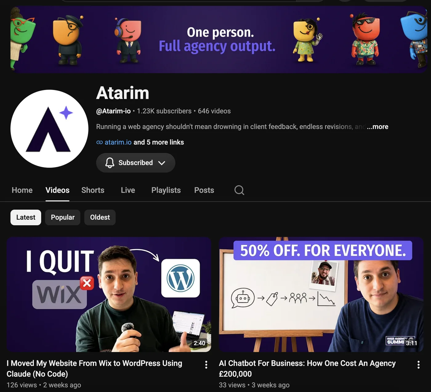 The Atarim YouTube channel a year later: 1.23K subscribers, 646 videos, under the new purple banner I designed.