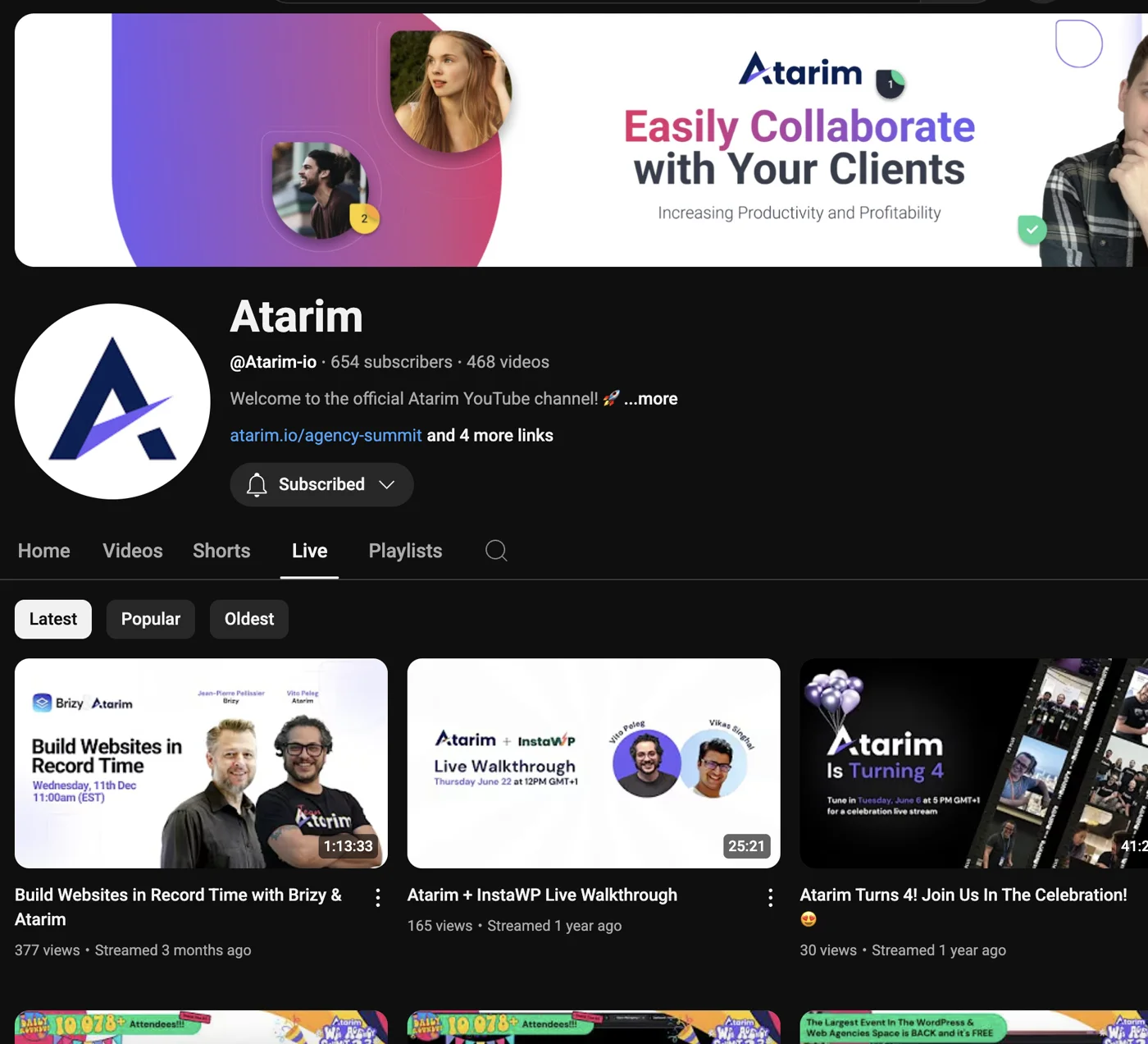 The Atarim YouTube channel when I joined: 654 subscribers, 468 videos, under the old pink and purple banner.
