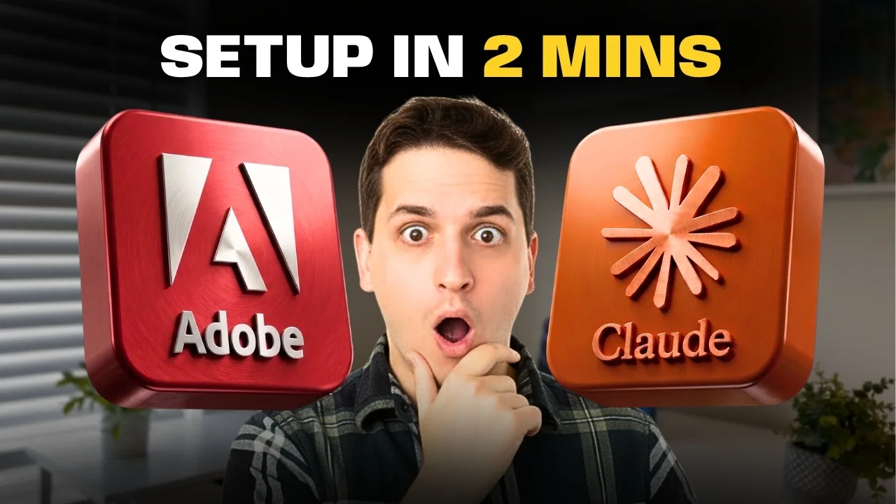 Thumbnail: the Adobe and Claude logos as red and orange 3D tiles either side of a surprised presenter, under the words Setup in 2 mins.