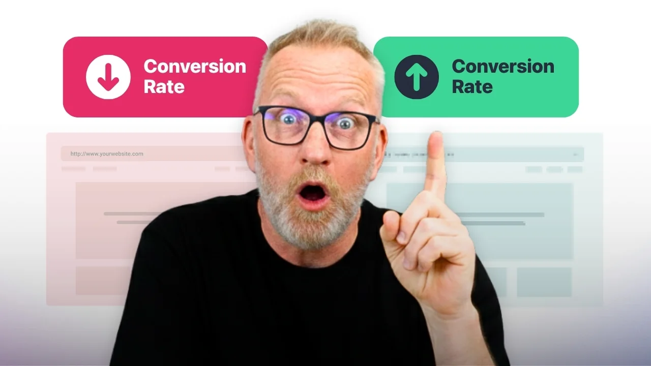 Thumbnail: a presenter holding up one finger between a red Conversion Rate label with a down arrow and a green one with an up arrow.
