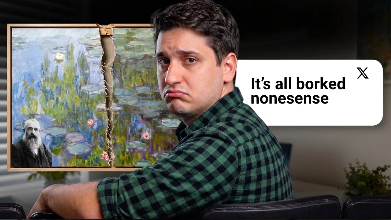 Thumbnail: a torn Monet water lilies painting in a frame beside a man pulling a doubtful face, with a quoted post reading It's all borked nonesense.
