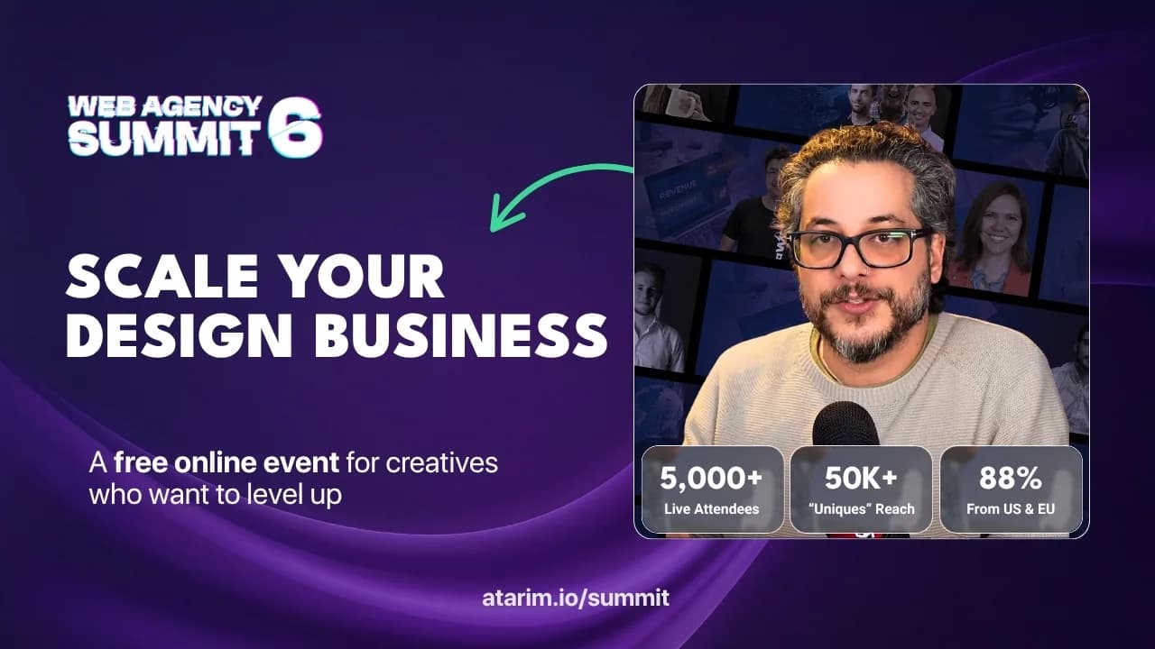 Thumbnail: Web Agency Summit 6 artwork on purple, reading Scale Your Design Business, with a speaker and three attendance figures.